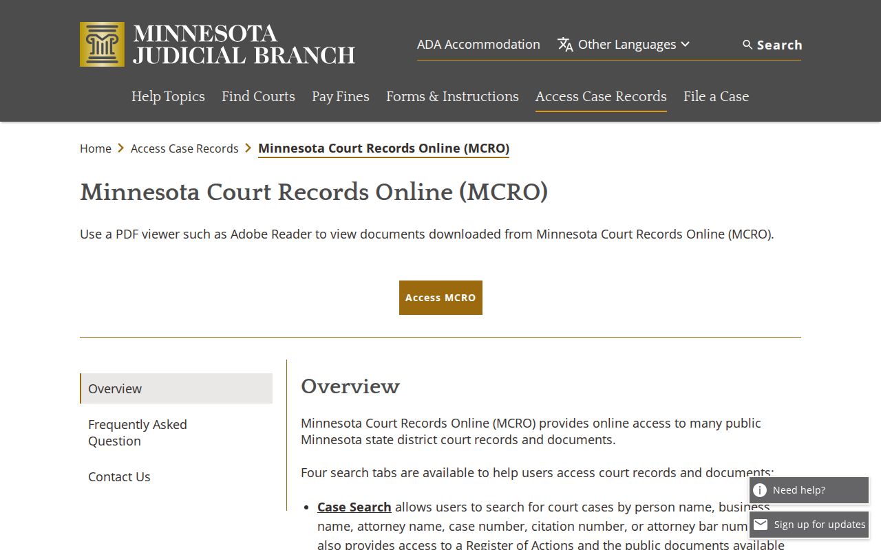 Official Minnesota Court Records Online guidance used for Hoffman warrant case lookups