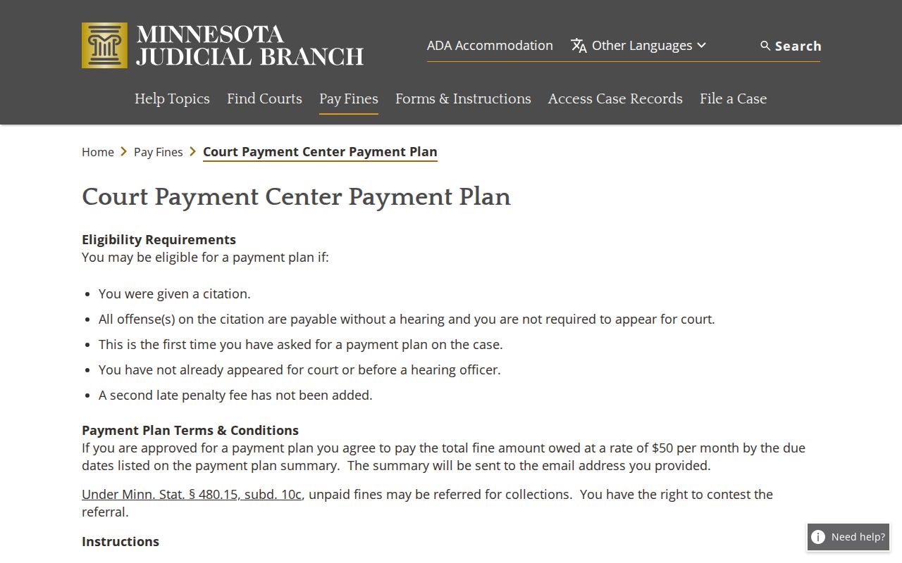 Minnesota court payment plan request form used for eligible Grant County citations