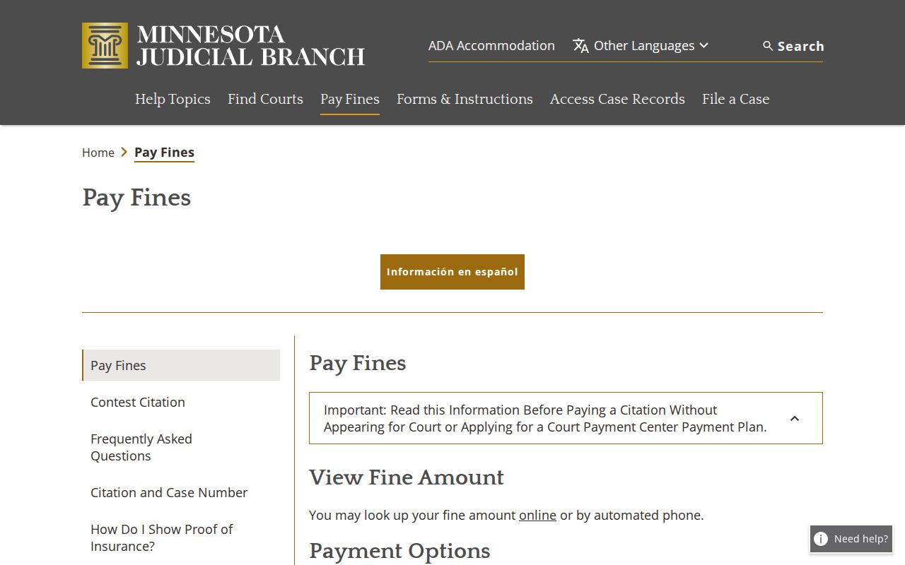 Minnesota citation payment page with failure-to-pay and warrant warnings for Grant County cases
