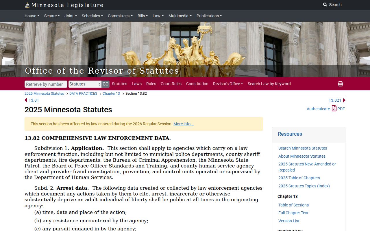 Minnesota statute on confidential arrest warrant index data behind Grant County active warrant records