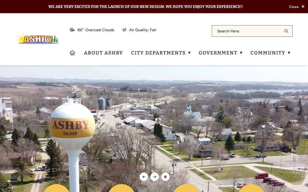 Ashby city homepage with official notices that do not include a warrant list