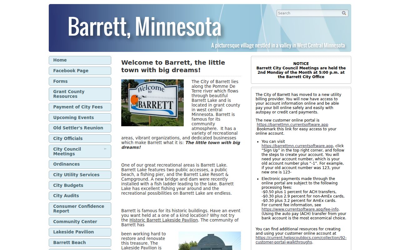 Barrett city homepage with city office information and no warrant list