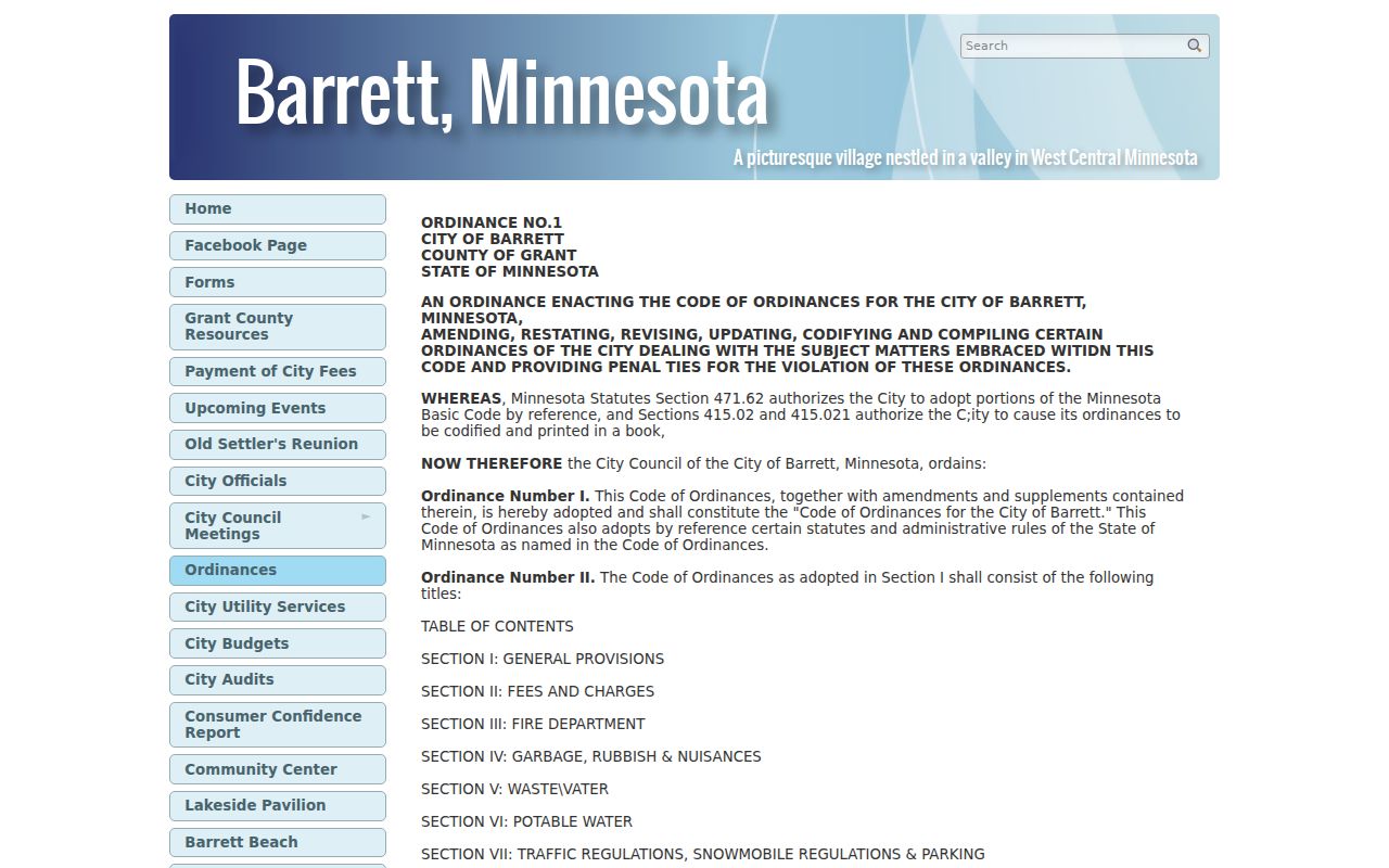 Barrett ordinance code with traffic and penalty sections that is not a Grant County warrant list