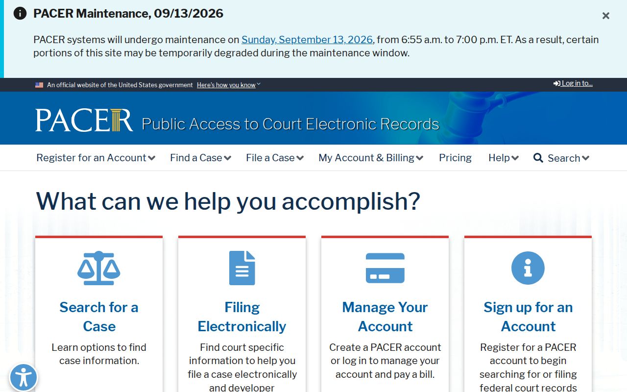 PACER landing page used to search federal court dockets