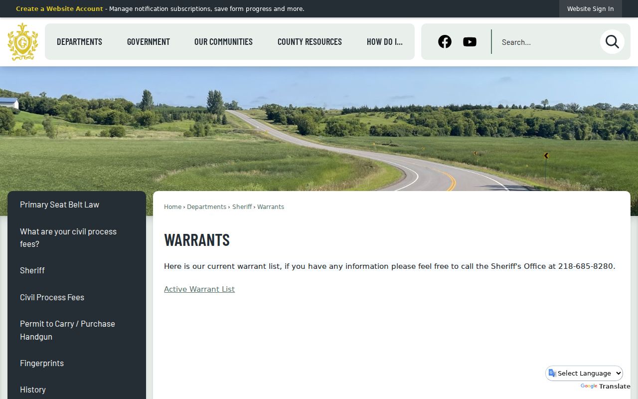 Grant County warrant records page with the active warrant list link and sheriff contact