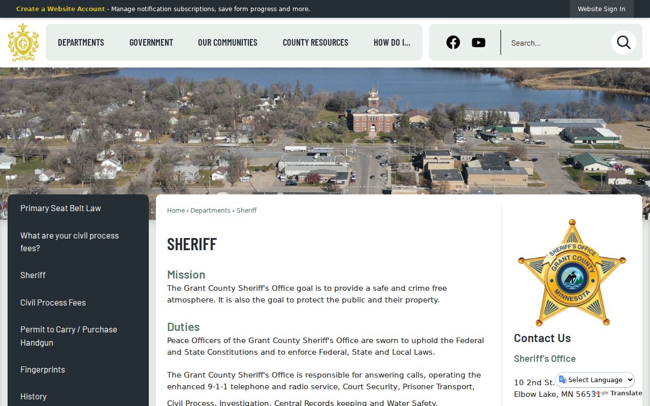 Grant County Sheriff's Office contact panel for warrant records and service questions